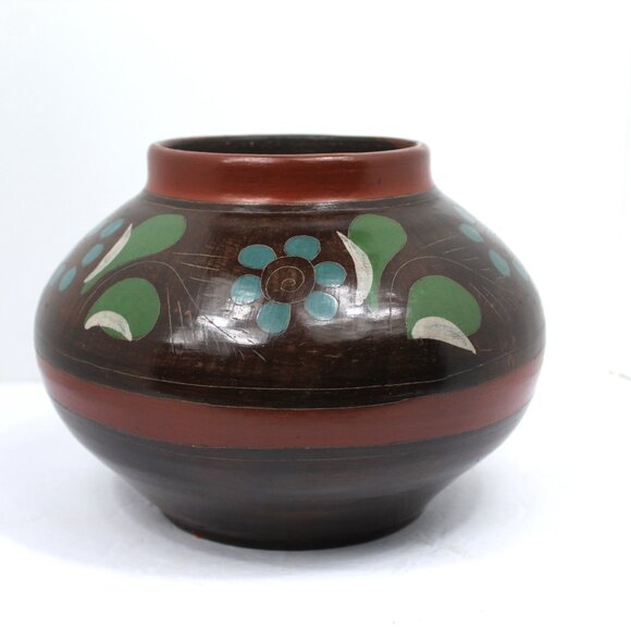 MEXICAN FOLK ART BURNISHED CLAY POTTERY POT HAND-PAINTED FLORAL RED GREEN WHITE - Picture 3 of 8